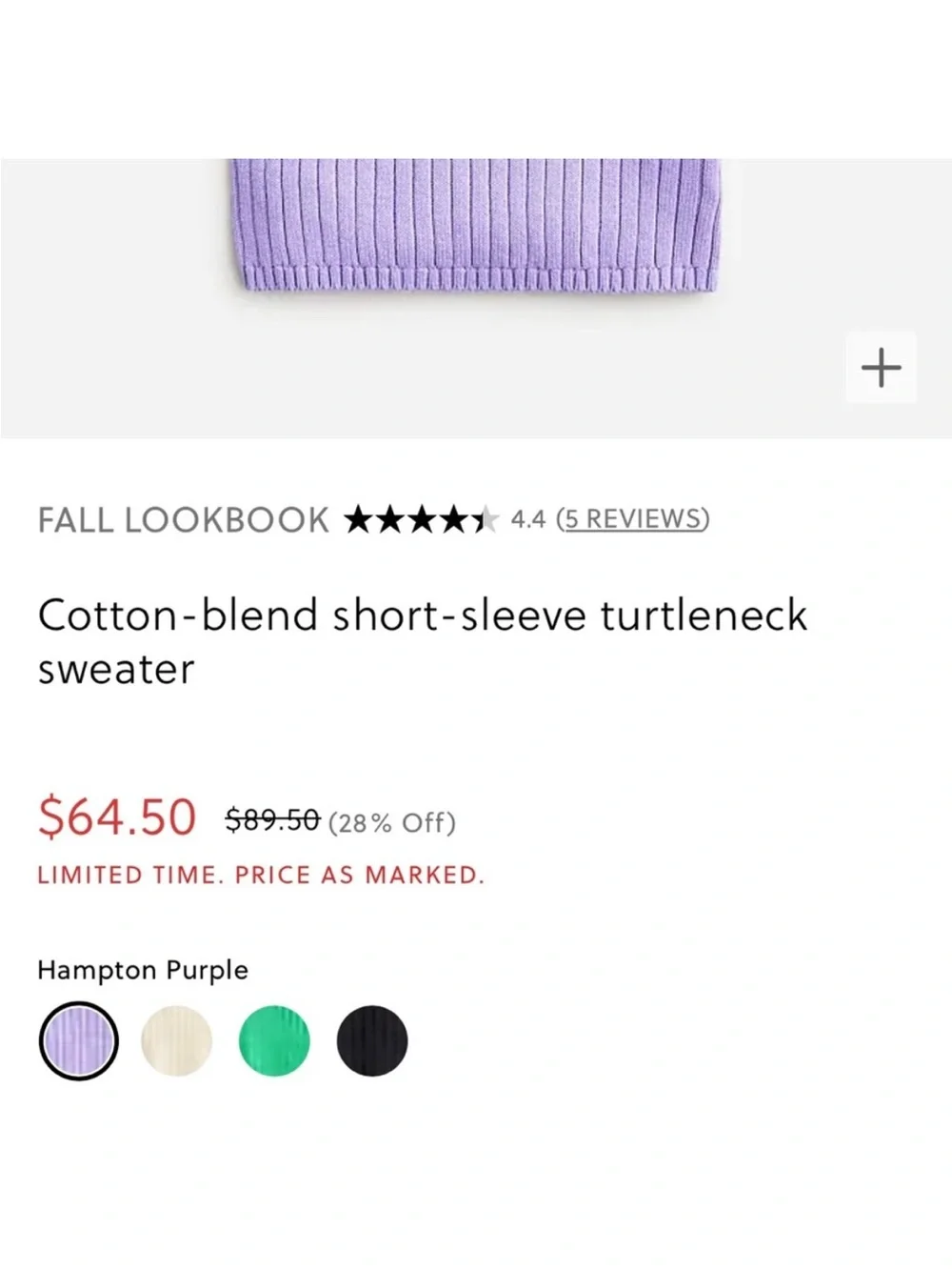 J. Crew Cotton-blend short-sleeve turtleneck sweater Hampton Purple size large